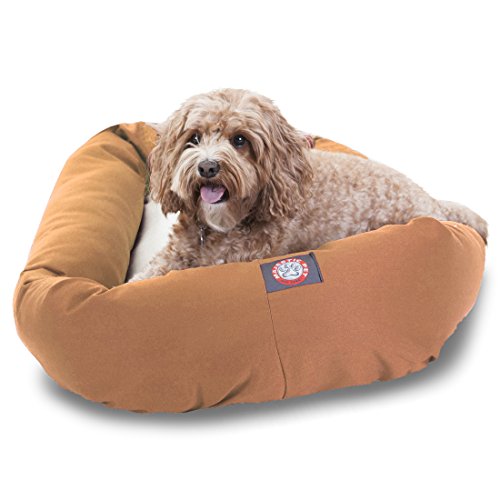 Image of Majestic Pet 32 Inch Poly-Cotton Sherpa Calming Dog Bed Washable 32x18x8 (inch) - Cozy Soft Round Donut Dog Bed with Spine for Head Support - Pet Bed Medium - Khaki