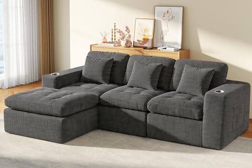 Image of Modular Sectional Sofa, 105 inch L Shaped Comfy Cloud Couch with Deep Seat, Boneless Couch for Living Room, Corduroy Modular Sofa with Chaise and Cup Holders, No Assembly Required, Dark Gray | Comfy Cloud Couch