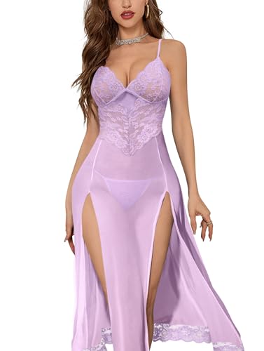 Image of Foxiny Sexy Split Mesh Lace Floral Sheer Babydoll Lingerie Outfit Dress 2 Piece with Thong Set
