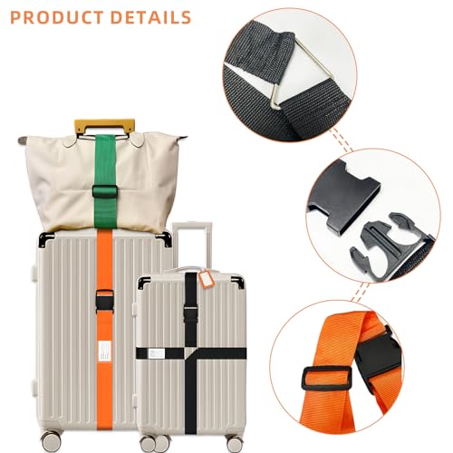 Image of 8 pcs Luggage Straps, CNYMANY 2-in-1 Travel Belt Add a Bag Luggage Strap, Adjustable Luggage Straps for suitcases Over Handle for Carry On Bag Airport Travel Accessories - Orange, Green, Black