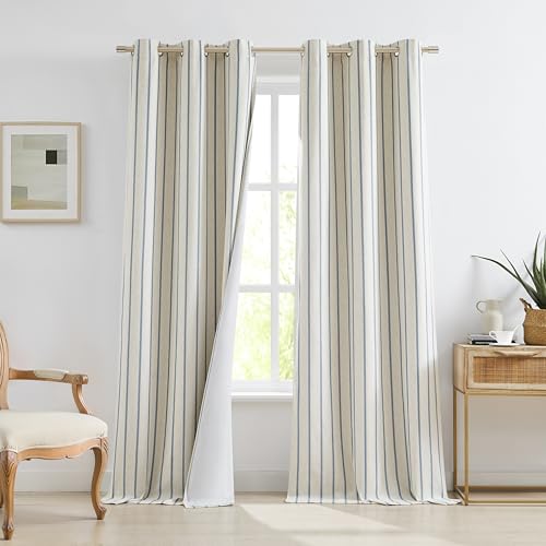 Bapawfish Dusty Blue Stripe Blackout Grommet Curtains 95 Inches Long
