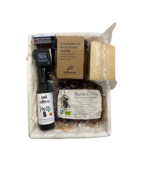 DEGUSTA TERUEL. Lote navideño que contiene aceite DOP empeltre, láminas de trufa negra, azafrán 1g, alcachofas asadas, olivas negras y cuña de queso Fanbar.