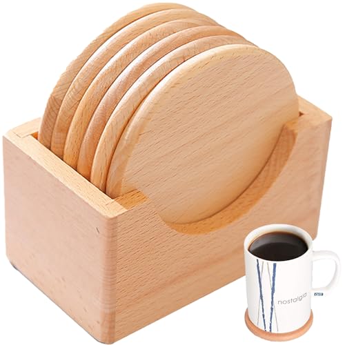 SQAQS Juego de 6 Posavasos de Madera, Posavasos para Bebidas, Juego de Coasters de Vidrio con Caja, Posavasos Redondos para Bebidas, Madera Multiusos de 9 cm Posavasos, para Vidrio Tazas Cafetería