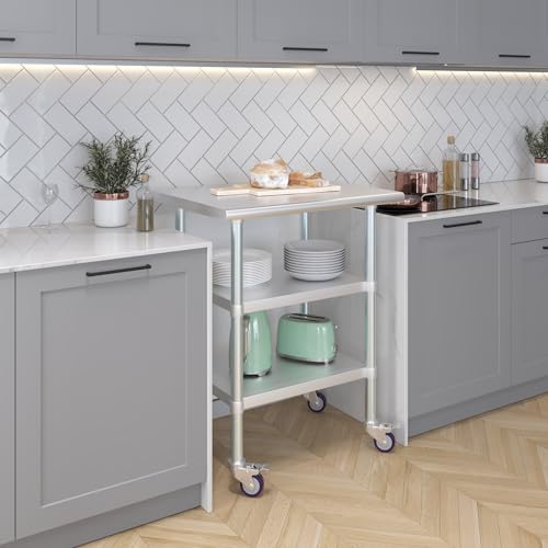 Image of AmGood Stainless Steel Work Table with 2 Shelves and Casters | Metal Utility Table On Wheels (Stainless Steel Work Table with 2 Shelves + Casters, 30 inch Long x 24 inch Deep)