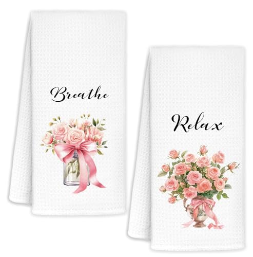 YTRGI Pink Spring Rose Floral Hand Towels Set of 2, Floral Bathroom Decor, Pink Flower Spring Decorative Hand Towels for Girls Bathroom Washroom, Rustic Flower Kitchen Towels, 16x24 Inch