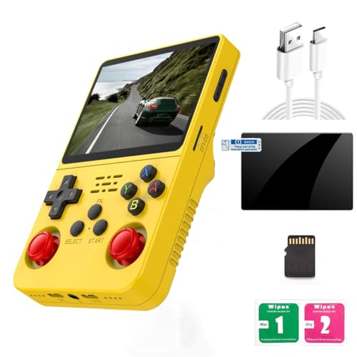R36S レトロハンドヘルドゲーム機 10以上のシミュレータ、EmuELEC-Linuxシステムをサポート、64GB TFカード、オープンソースシステムと3.5インチ IPSスクリーン、ミニビデオコンソール、デュアル3Dジョイスティック (黄色い)
