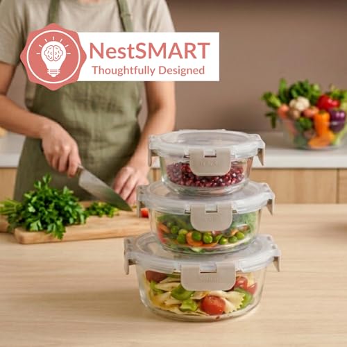 Image of Nestasia Nestro Airtight Glass Containers with Lid Set of 3 (215ml, 400ml, 600ml) | Spill Proof Round Glass Containers with Break Free Lock - Microwave, Dishwasher & Freezer Safe (Beige)