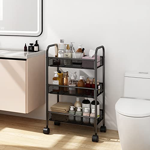 Simple Trending 3 Tier Rolling Storage Cart, Utility Organizer Shelves with Wheels for Kitchen Bathroom, Metal Mesh Black - Thumbnail 6