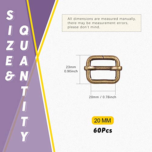 Swpeet 60Pcs 3/4 Inch - 20Mm Bronze Metal Rings Metal Rectangle Adjuster Triglides Slides Buckle, Roller Pin Buckles Slider Strap Adjuster Keychains For Belt Bags Diy (Bronze, 3/4 Inch) #TOP1