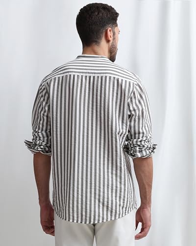 Image of MUFTI Men Shirt | Slim Fit Mandarin Collar Vertical Striped Design | Premium Viscose Nylon Blend & Crinkled Texture for Smart Casual & Weekend Wear