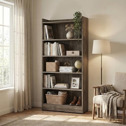 Image of Apex 5-Tier Bookshelf & Display Rack, Modern Open Storage Organizer for Living Room, Office & Library, 62.5x23.5x130cm (Dark Oak)
