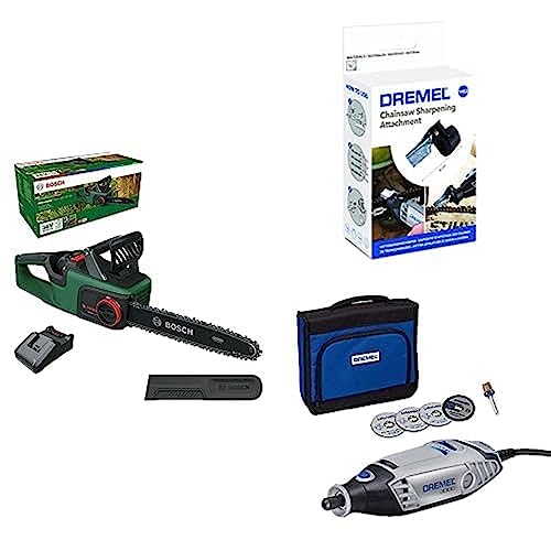 Bosch Akku-Kettensäge AdvancedChain 36V-35-40 + Dremel 3000 + Dremel 1453 Kettensägen-Schärfset, Rotationswerkzeug-Zubehörset - Amazon Exclusive Set