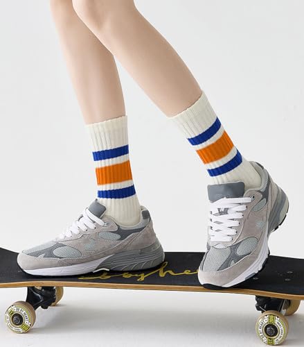 Image of 3 Pairs Women Striped Tube Socks Fun Novelty Cute Crew Socks Retro Sport Mid-Calf Socks for Women Grils