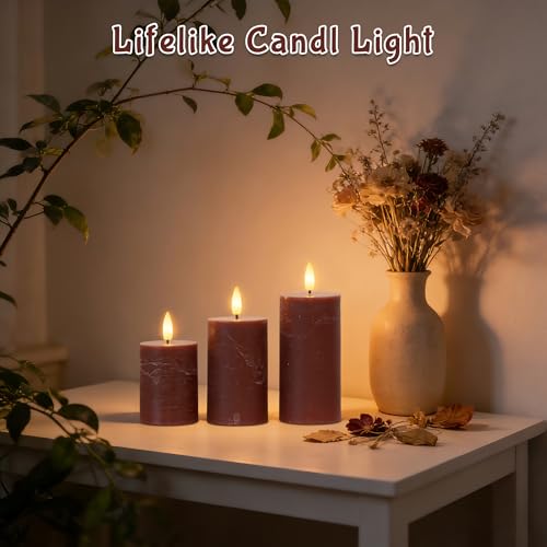 Image of Brown Flameless Pillar Candles with Remote, Real Wax Flickering Battery Operated Candles, LED Decorative Candles for Home Decor, Table, Fireplace Mantle, Set of 3