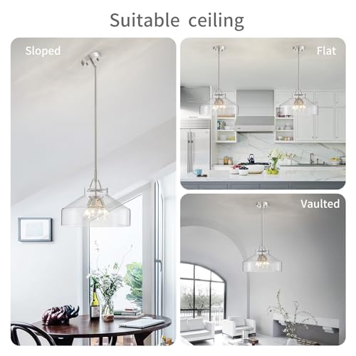 Image of WUZUPS Chandelier Rustic Farmhouse Industrial Round Ceiling Pendant LED Light Fixture with Clear Glass Shades for Dining Room Kitchen Island Foyer Entryway, H 11.8 inch W 15 inch, E26 Base, Gold