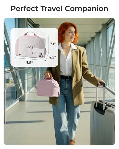 Image of BAGSMART Travel Makeup Bag, Fold-Down Cosmetic Pouch for Women, Pink | Fold-down for easy access. Removable divider for smart organization. Puffy padded & water-resistant for cosmetics