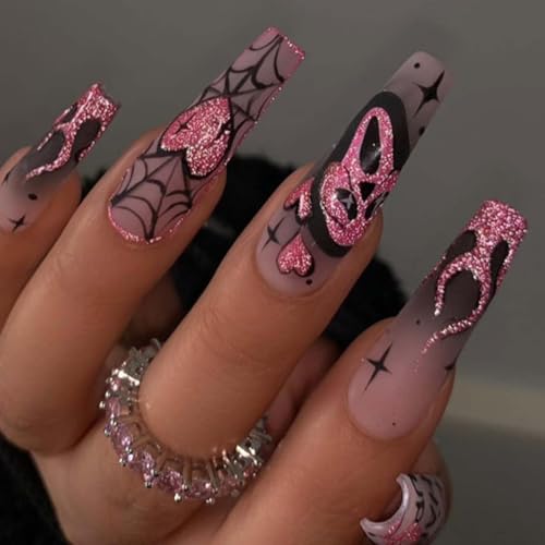 JUGUTA 24 Piezas Halloween Uñas Postizas Largas Ataúd Con Esqueleto De Telaraña Diseños Francesa Press On Nails Acrílico Uñas Falsas Adhesivas Artificiales Uñas Postizas Para Mujeres Y Niñas
