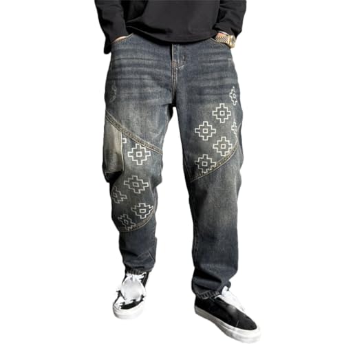 Men’S Trendy Hip Hop Patchwork Print Straight Leg Cargo Pants Button Fly Midweight Distressed Streetwear Full Length Jeans