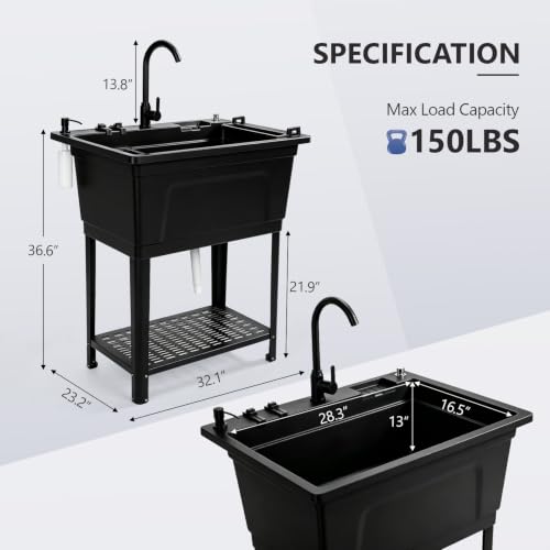 Image of Vingli Freestanding Utility Sink with Faucet, 36 inch Heightened Basin for Laundry, Garage, Outdoor Garden, Pet Wash, Heavy Duty Plastic Laundry Tub with Storage Shelf (Black, 32 inchLx24 inchWx36 inchH)