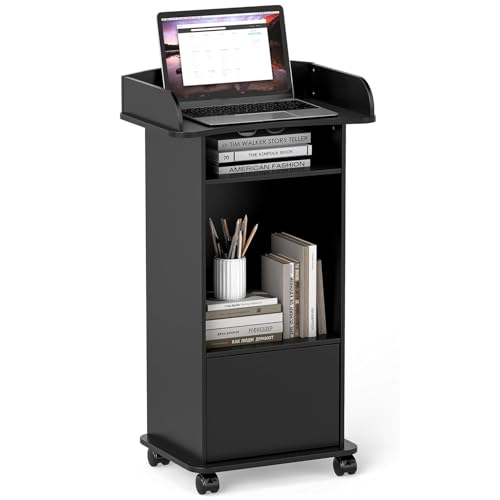 Nisorpa Lectern Podium Stand Portable Podium Stand, Mobile Wood Church Pulpits Podium Reception Stand with Adjustable Shelf and Lockable Wheels for Churches Conference School, Black