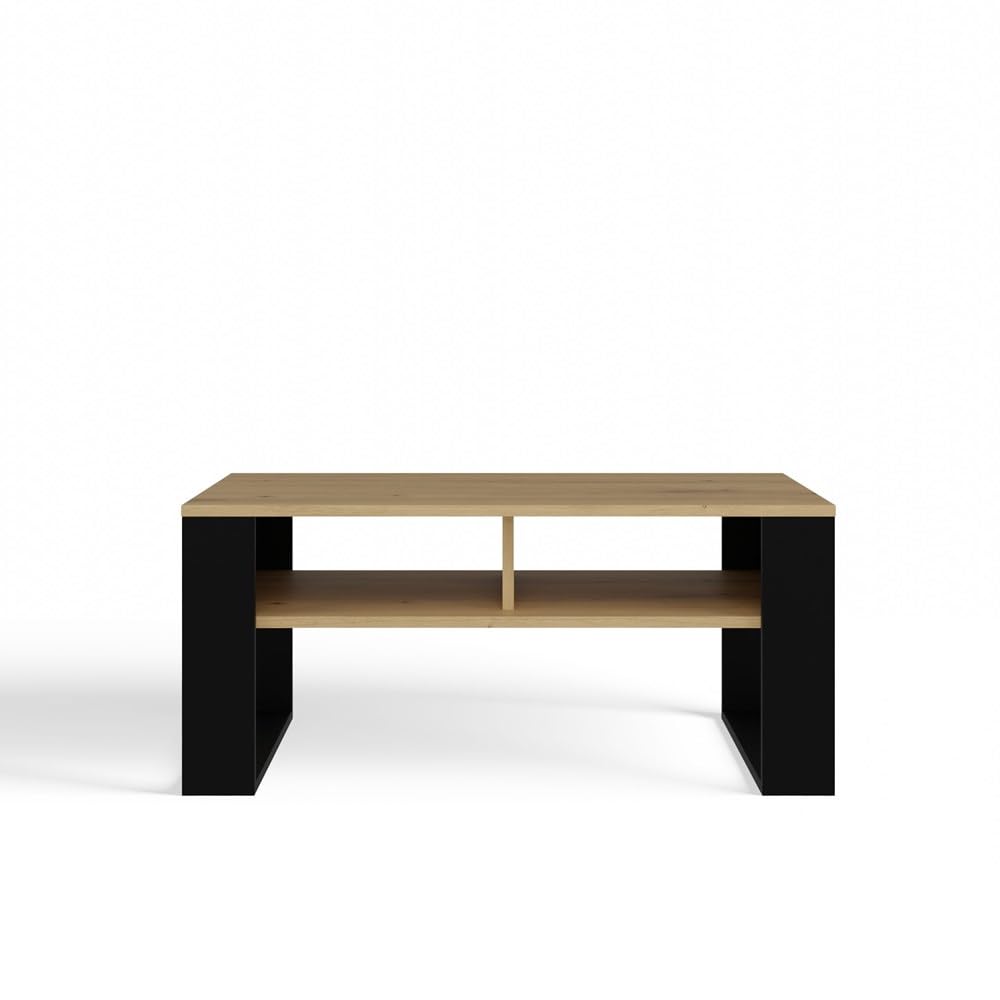CDF Moderner Couchtisch mit Lamellen-Optik Wohnzimmertisch mit 2 Ablagen, Loft Beistelltisch Kaffeetisch Geriffelt & Kratzfest, 90 x 58 x 50 cm - Eiche Artisan/Schwarz