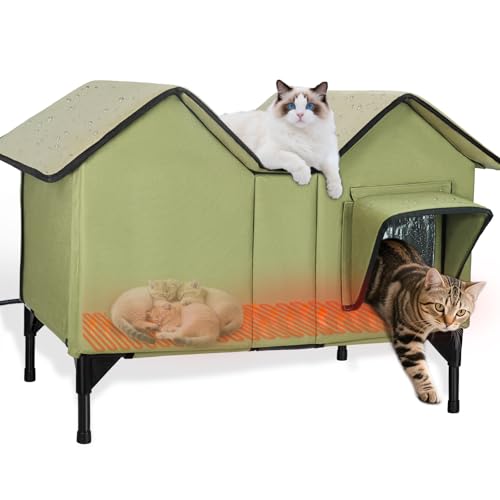 Extra Large Heated Cat House for Outside in Winter, Elevated Heated Outdoor Cat House Weatherproof with Heating pad, Insulated Outdoor Cat Shelter for Multiple Cats Small Dogs(Green)
