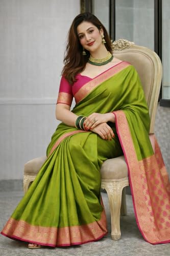 Image of Women's Glory Banarasi Satin Silk Saree with Rich Zari Woven Border & Pallu | Soft Glossy Party Fancy Traditional Saree for Wedding, Festive, Function | Blouse Piece Included