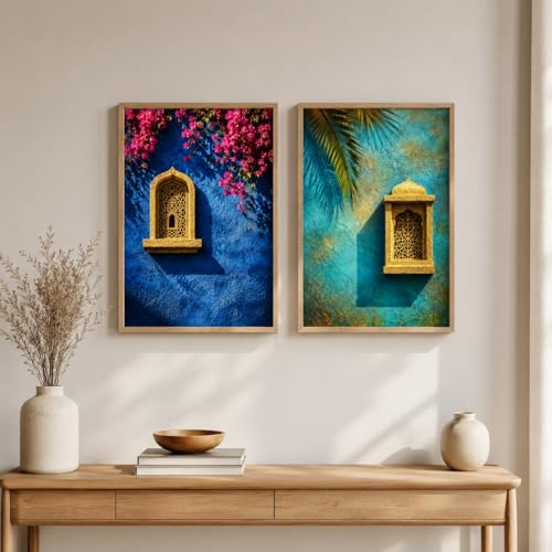 Image of Livin'luxe Set of 2 Blue Moroccan Window Wall Paintings for Living Room Bedroom Hallway Decor with Premium Wooden Color Synthetic Frame (25.5 x 19.5 Inch) NM02-103
