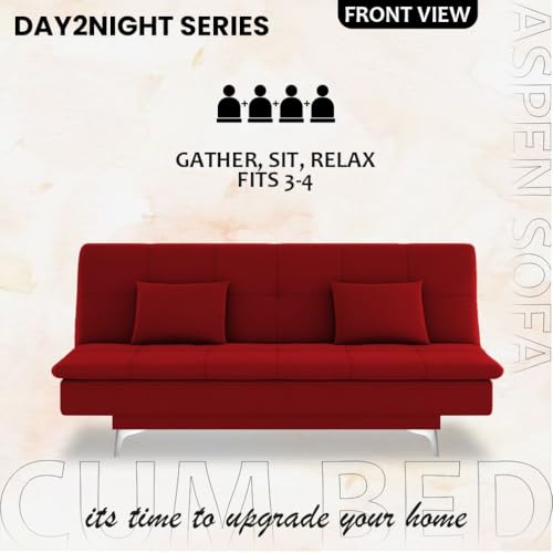 Image of Adorn India Premium New Aspen 3 Seater Sofa Cum Bed 4X6 Velvet Suede with 2 Cushions (Color Red) and Suitable for All Indoor, with 3 Years Warranty