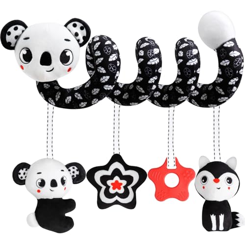 Baby Carseat Toy Black & White Rattle Spiral Hanging Activity Stroller Toy for Newborns Boys and Girls, Quality Gifts for Baby Shower - Coala