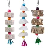 RQcMid Wellensittich Zubehör, Papageienspielzeug, Vogelspielzeug für Wellensittiche, 3 Stück Kalkstein für Wellensittiche, 1 Holzstab mit 3 Stücken, 1 Tintenfischknochen mit 5 Perlen