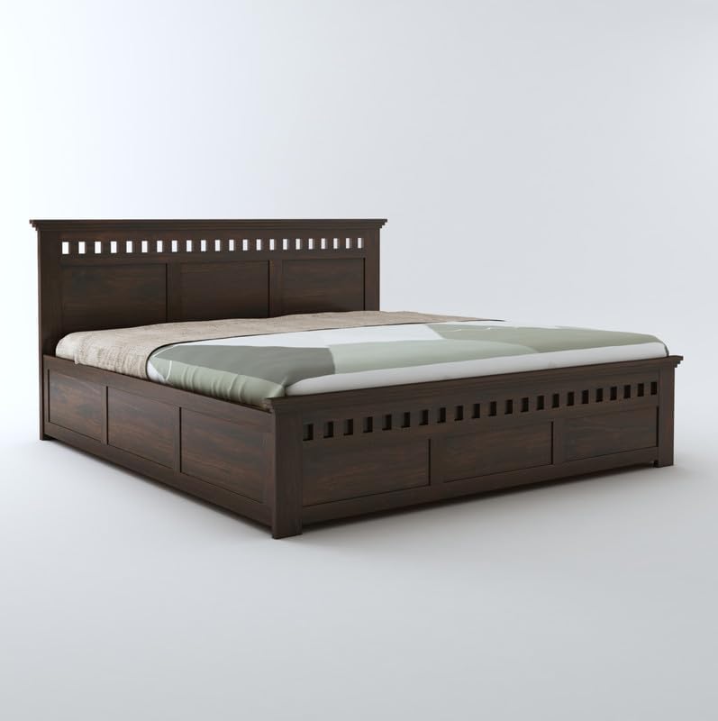 Image of STRATA FURNITURE Sheesham Wood King Size Bed with Hydraulic Storage and Headboard for Living Room Bedroom Home | Wooden Double Bed Cot Palang Furniture (Walnut Finish)
