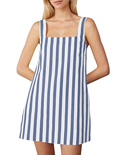 Image of Burtell Summer Sleeveless Cotton Linen Mini Dresses for Women Casual Square Neck Backless Short Dress Solid Tank Shift Dress
