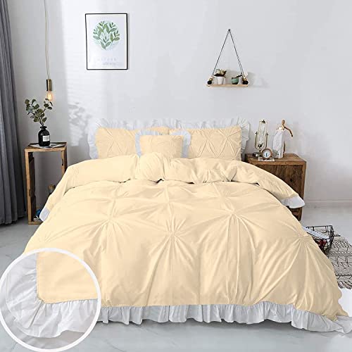 Image of 300 TC Pinch Ruffle 2 Tone Duvet /Razai /Blanket Cover with 2 Pillow Cover- 100% Cotton (Zipper Closure) Razai Cover 3 PC Set, Soft & Lightweight-Double Size White /Ivory