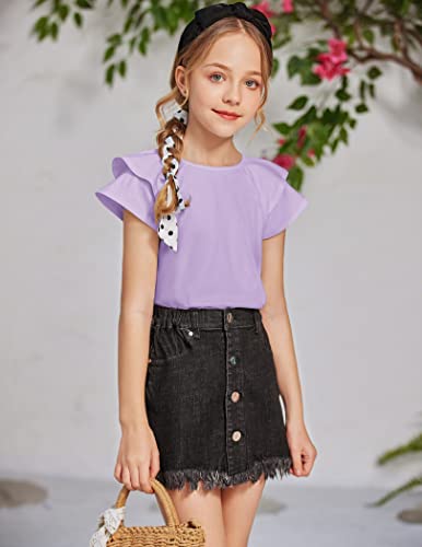 Image of Girls T Shirts Ruffle Short Sleeve Round Neck Loose Blouse Summer Solid Color Casual Girl Tee Tops for 3-12 Years