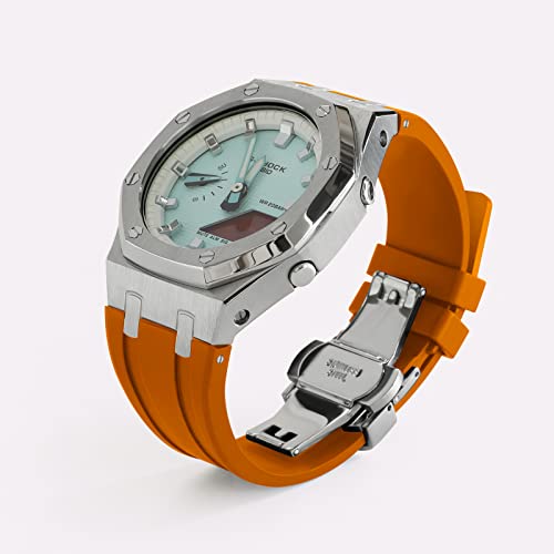 Image of GA2100 Stainless Steel Watch Case with Metal Watchband and Rubber Strap Mod Kit - Compatible with GA-2100 /GA-2110 /GA-B2100 Series - Watch Part Replacement
