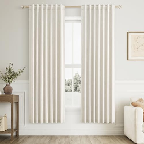 Guken 100% Blackout Linen Curtains for Bedroom 76 Inches Long Natural Cream Black Out Curtain Back Tab Thermal Insulated Room Darkening Window Drapes for Living Room 2 Panels Beige Ivory 52x76