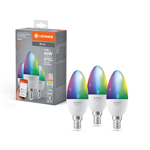 LEDVANCE Smarte LED-Lampe mit WiFi-Technologie für E14-Sockel, matte Optik ,RGBW-Farben änderbar, Lichtfarbe änderbar (2700K-6500K), 470 Lumen, Ersatz für herkömmliche 40W-Leuchtmittel, 3-er Pack