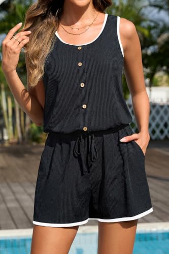 Image of Women Romper Swimsuit - One Piece Bathing Suit with Shorts with Pockets | Built-in brief, Modest, Boyleg, Padded bra, Drawstring, Full lining, Ribbed