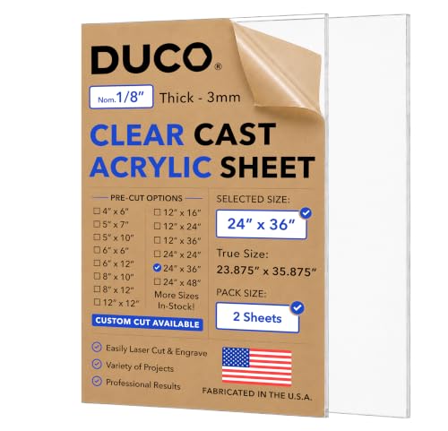 Duco 1/8" Clear Cast Acrylic Sheets, 24"x36" Plexiglass Sheets, 2 Pack