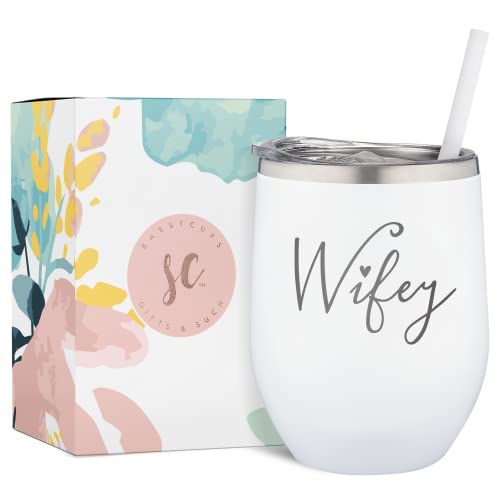 Wifey Engraved Stainless Steel Vacuum Insulated Wine Glass Tumbler With Lid And Straw - Bridal Shower Bride Cup - Bachelorette Party - Engagement Tumbler - Wife Anniversary, Bridal Shower, Wedding #TOP2
