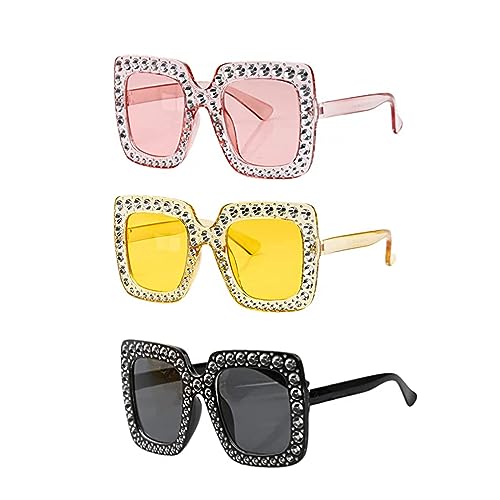 KFSCIP 3 Pack Elton John Glasses Oversized Rectangle Sunglasses Thick Frame Sparkling Crystal Bling Festival Glasses for Men Women Fancy Dress Costume Accessories Yellow 146mmx141mmx64mm