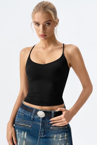 Image of QINSEN Womens Cross Back Tank Top V Neck Double Lined Camisole Top Sleeveless Spaghetti Strap Going Out Tops