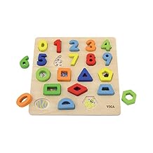 Constructive Playthings Wooden 11 3/4" sq. Numbers and Shapes Block Puzzle with Images on The Base for Ages 18 Months and Up