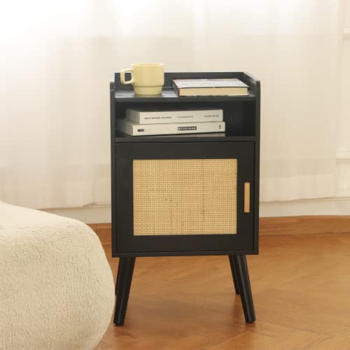 Awasen Mid Century Nightstand, Black Bed Side Table With Storage, Wood Boho Nightstand With Solid Wood Legs, For Bedroom,Living Room, Easy Assembly, Black Walnut #TOP19