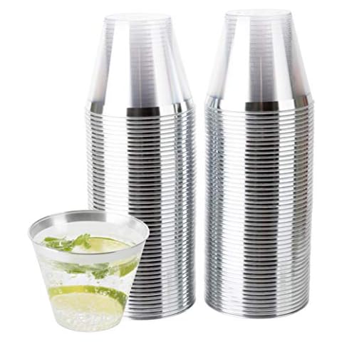 PLASTICPRO 9 oz Disposable Plastic Party Cups,Old fashioned Designed Tumblers, Crystal Clear (Clear With Silver Rim, 100) Cover
