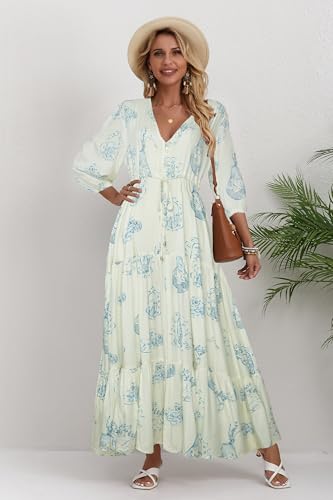 Image of Women Short Sleeve V Neck Floral Print Casual Bohemian Maxi Dresses