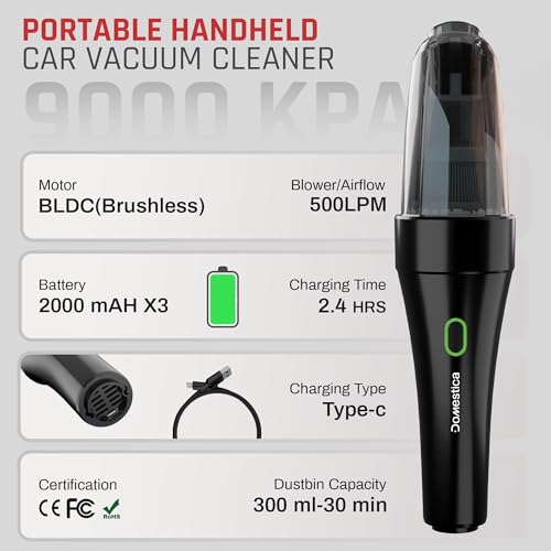 Image of DOMESTICA 4-in-1 Cordless Car Vacuum Cleaner | Portable Handheld Vacuum Cleaner for Car Use with Blower & Inflator | High Speed Power Suction | 9000 Pa Suction | HEPA Filter, Multiple Nozzles (Black)