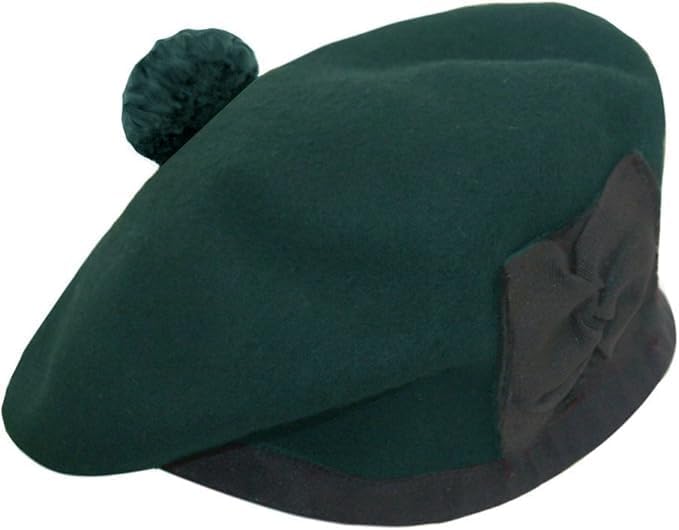 Scottish Highland Wool Balmoral Bonnet, Traditional Piper Green Cap with Ribbon and Pom Pom, 61cm Bagpiper Uniform Hat