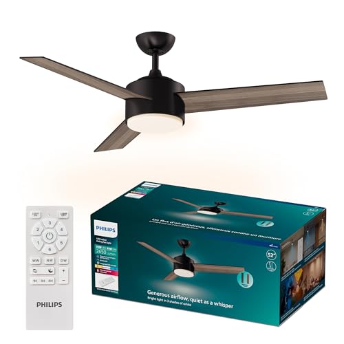 Philips Indoor Ceiling Fan, Dark, with Bright LED Light, 2650 lm, 3 Blades, 4800 CFM, 6 Speeds, 2 Airflow Modes, Selectable White Light, Dimmable, Robust, Reversible Blades